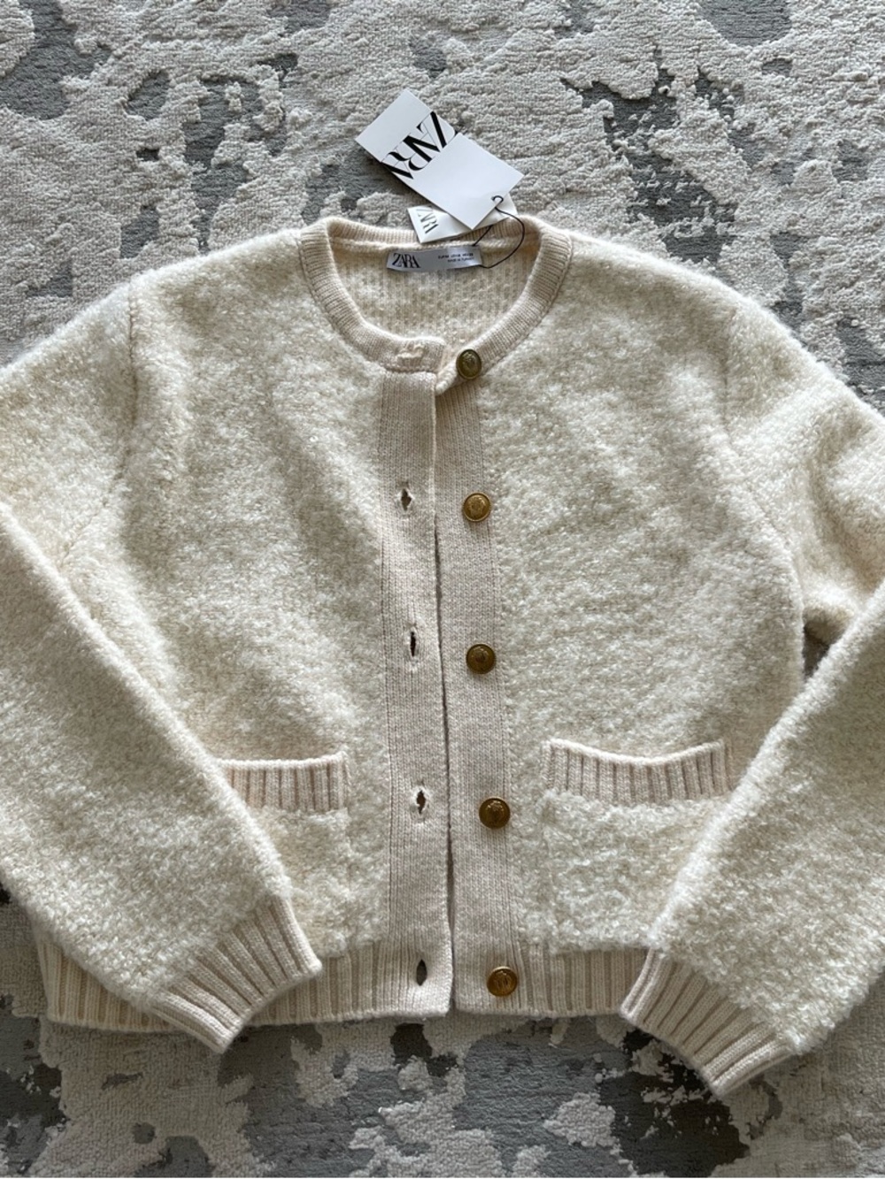 ZARA Cream Bouclé Knit Cardigan with Gold Button